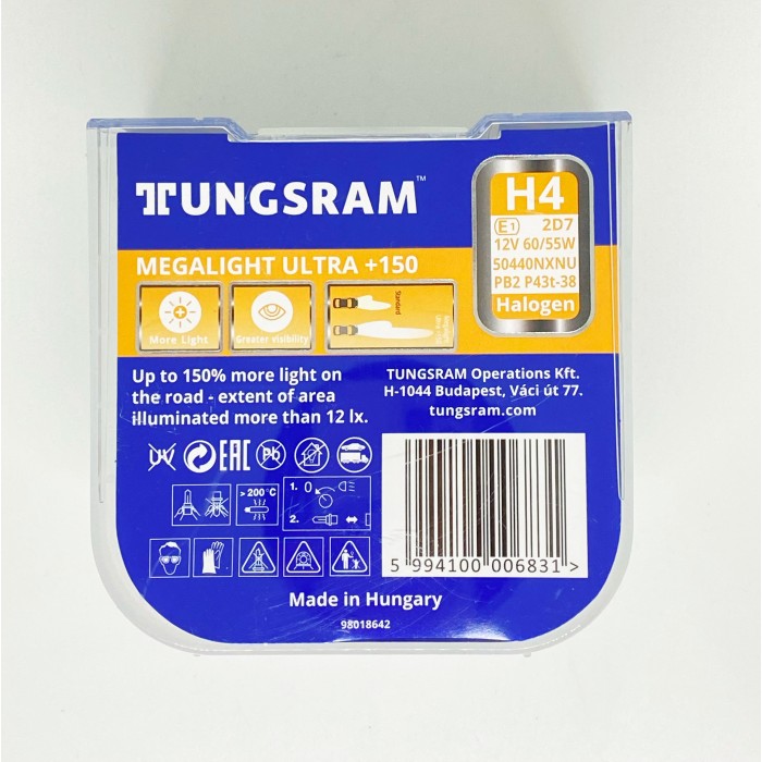 Комплект галогенных ламп Tungsram H4 60/55W 12V (2 шт./пластиковый бокс) Megalight Ultra +150% - Tungsram