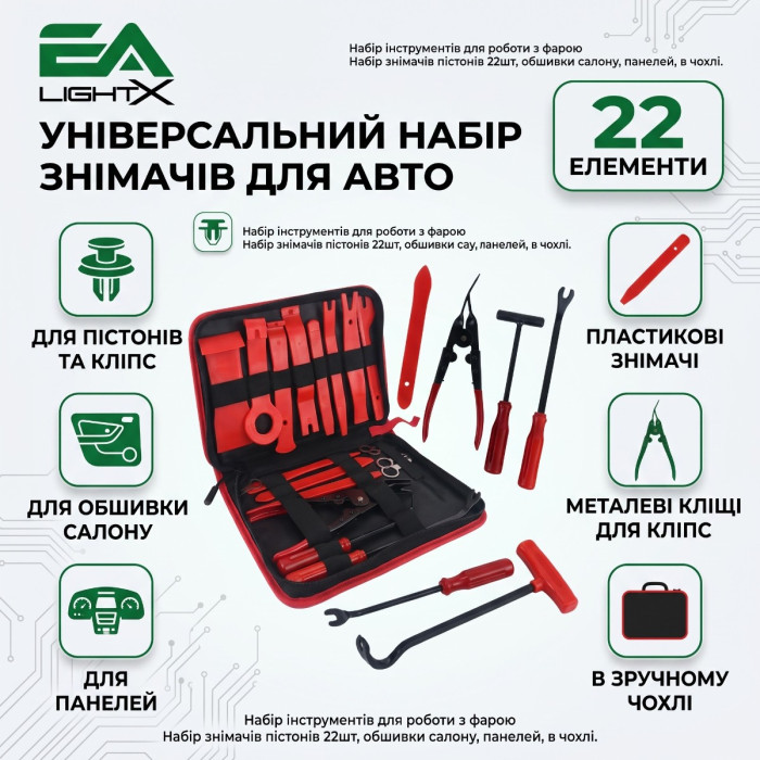 Набор съемников клипс и обшивки салона EA Light X 22 шт для демонтажа пистонов, пластика панелей авто, разборки фар, лопатки, клещи в чехле