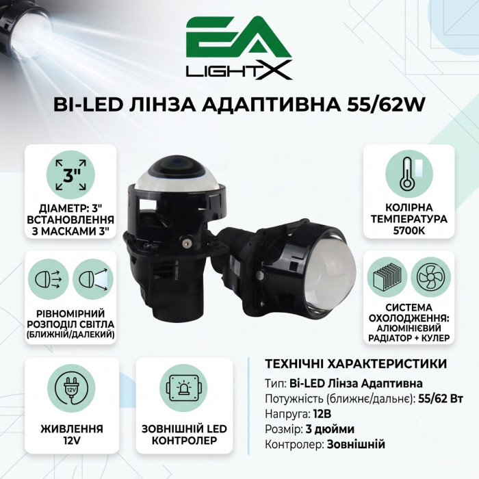 Адаптивная Bi-LED линза EA LightX диаметром 3 дюйма, мощностью 55/62W и цветовой температурой 5700K.