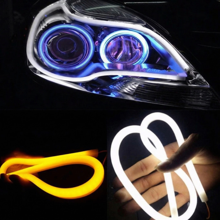 Гибкая LED трубка ДХО (DRL) в фары AES 60 см, с мигающим поворотником (Белый / Желтый)