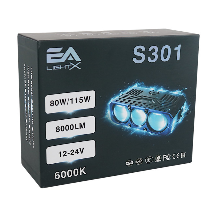 Додаткові універсальні LED фари EA Light X S301 80W/115W 12V (3 лінзи) ближнє/дальнє світло, протитуманні (комплект 2 шт.)