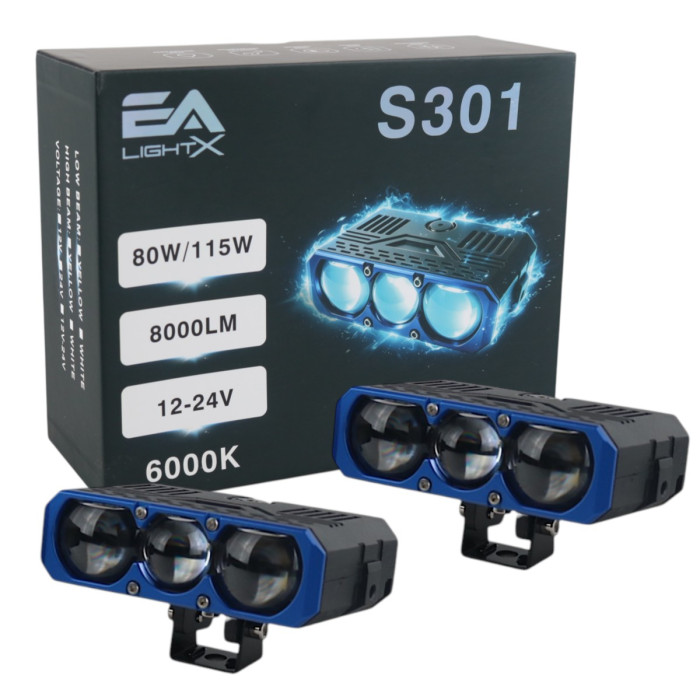Додаткові універсальні LED фари EA Light X S301 80W/115W 12V (3 лінзи) ближнє/дальнє світло, протитуманні (комплект 2 шт.)