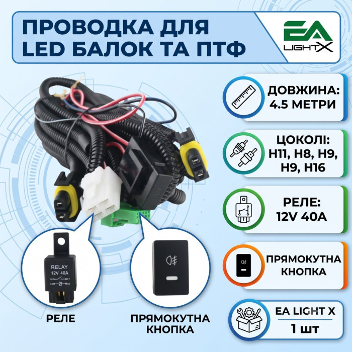Проводка для LED балок и ПТФ EA LightX длиной 4.5 метра с реле 12V 40A и прямоугольной кнопкой.