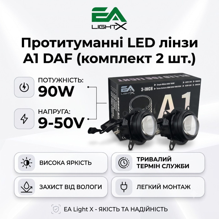 Противотуманные Bi-LED линзы DAF LF55 A1 EA Light X бело-желтый свет 90W/ДАФ 55 (комплект 2 шт.)