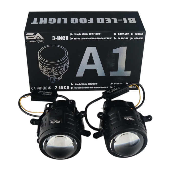 Противотуманные LED линзы А1 90W с СТГ бело-желтые / противотуманные фары 90мм (2 шт.)