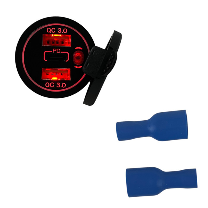 Автомобільна USB розетка врізна 2 USB QC 3.0 + Type-C PD 12V-24V червона підсвітка (1 шт)