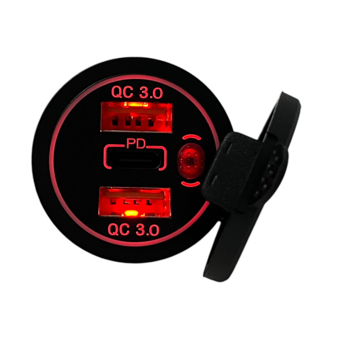 Автомобільна USB розетка врізна 2 USB QC 3.0 + Type-C PD 12V-24V червона підсвітка (1 шт)