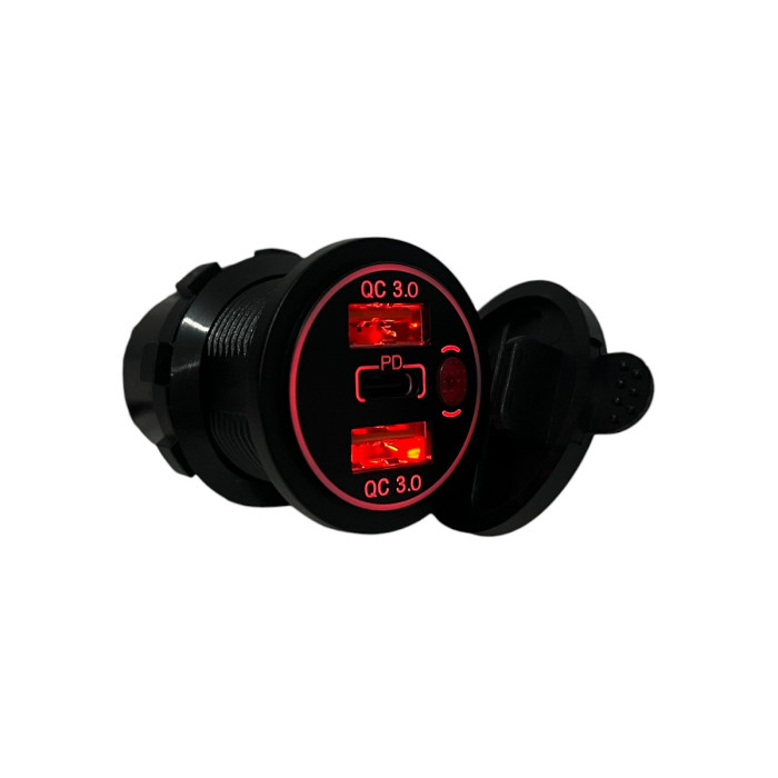Автомобільна USB розетка врізна 2 USB QC 3.0 + Type-C PD 12V-24V червона підсвітка (1 шт)