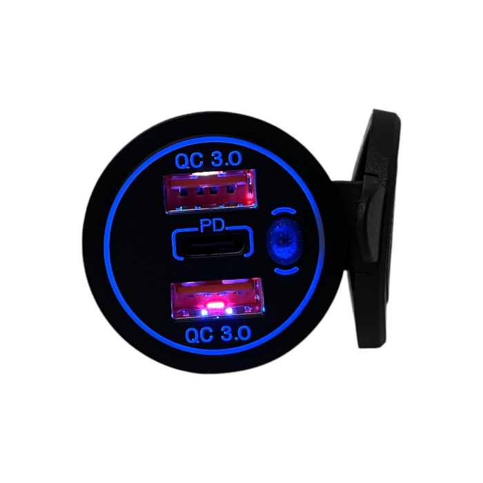 Автомобільна USB розетка врізна 2 USB QC 3.0 + Type-C PD 12V-24V синя підсвітка (1 шт)