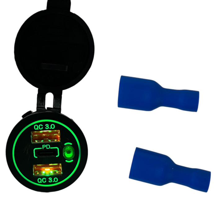 Автомобільна USB розетка врізна 2 USB QC 3.0 + Type-C PD 12V-24V зелена підсвітка (1 шт)