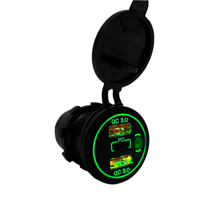 Автомобільна USB розетка врізна 2 USB QC 3.0 + Type-C PD 12V-24V зелена підсвітка (1 шт)