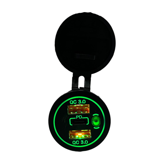 Автомобільна USB розетка врізна 2 USB QC 3.0 + Type-C PD 12V-24V зелена підсвітка (1 шт)