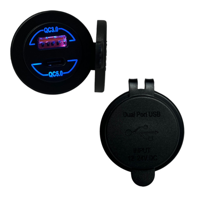 Автомобільна USB розетка врізна USB QC 3.0 + Type-C QC 5.0 12V-24V синя підсвітка (1 шт)