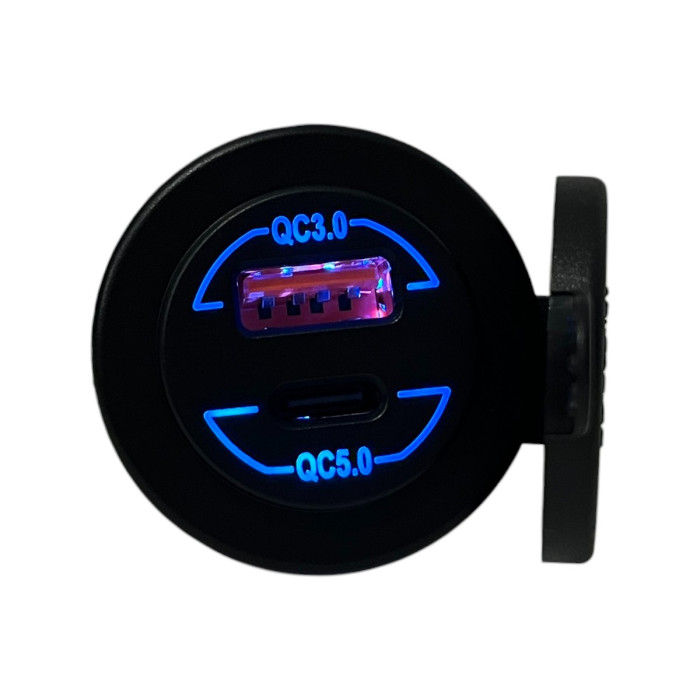 Автомобільна USB розетка врізна USB QC 3.0 + Type-C QC 5.0 12V-24V синя підсвітка (1 шт)