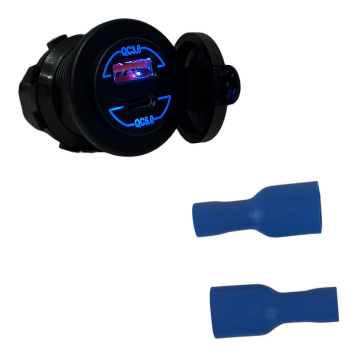 Автомобільна USB розетка врізна USB QC 3.0 + Type-C QC 5.0 12V-24V синя підсвітка (1 шт)