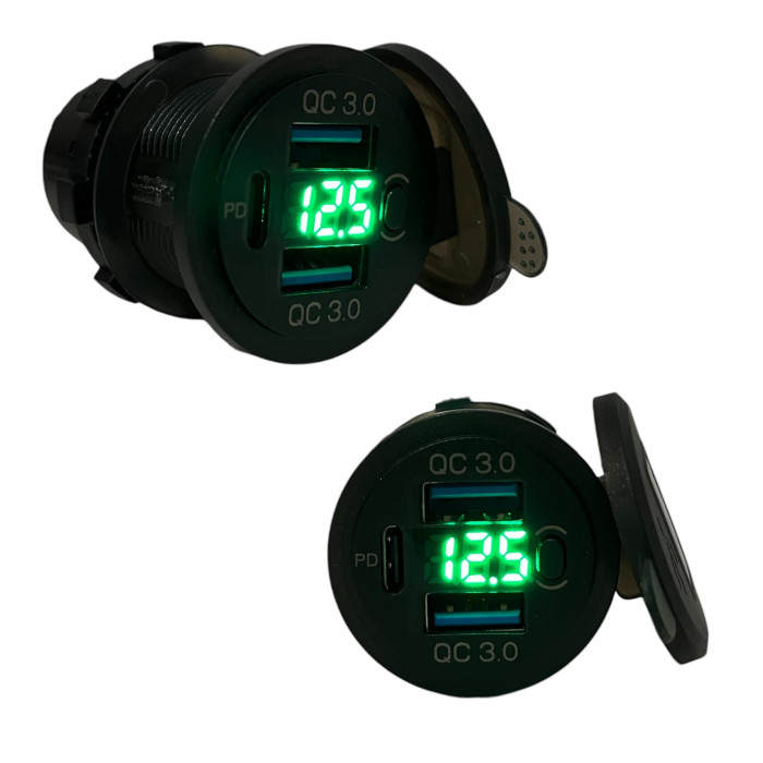 Автомобільна USB розетка врізна 2 USB QC 3.0 + Type-C PD з вольтметром та кнопкою 12V-24V зелена підсвітка (1 шт)