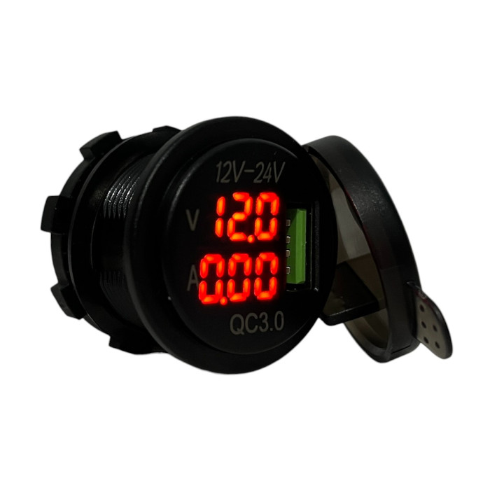 Автомобільна USB розетка врізна з вольтметром та амперметром 12V-24V QC 3.0 червона підсвітка (1 шт)