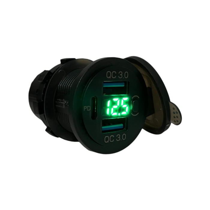 Автомобільна USB розетка врізна 2 USB QC 3.0 + Type-C PD з вольтметром та кнопкою 12V-24V зелена підсвітка (1 шт)