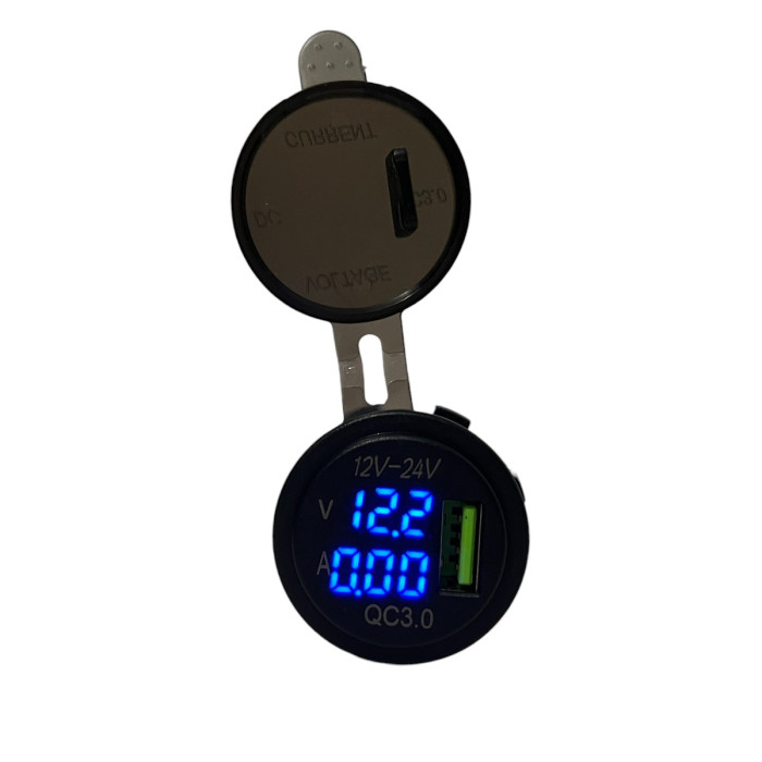 Автомобільна USB розетка врізна з вольтметром та амперметром 12V-24V QC 3.0 синя підсвітка (1 шт)