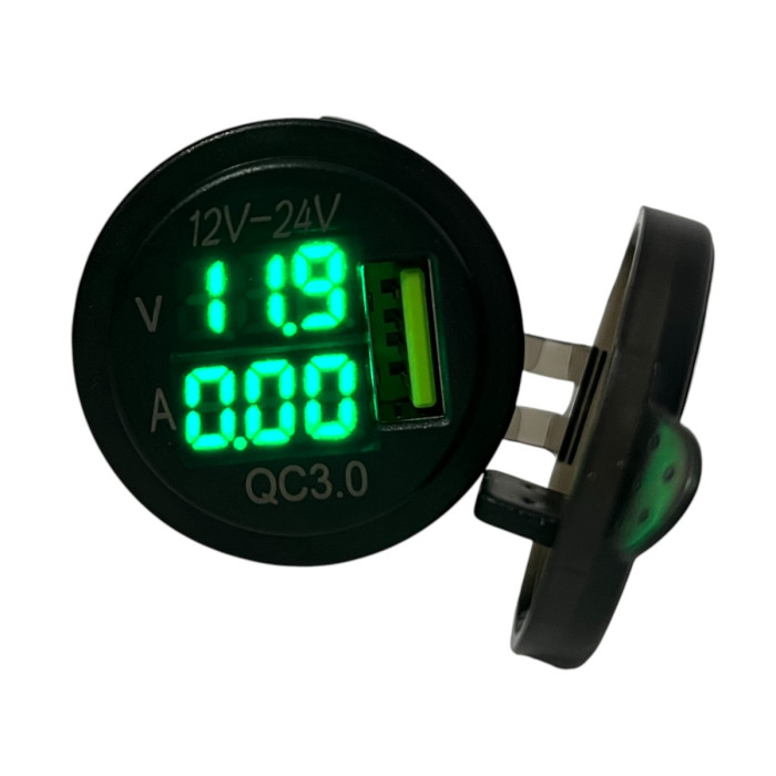 Автомобільна USB розетка врізна з вольтметром та амперметром 12V-24V QC 3.0 зелена підсвітка (1 шт)