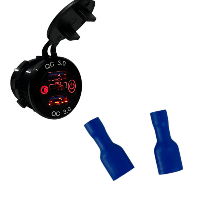 Врезная USB розетка авто 3 порта QC 3.0 + PD Type-C с Кнопкой 12V-24V Красная подсветка + Клеммы