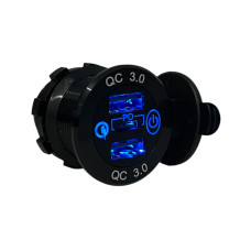 Врезная USB розетка авто 3 порта QC 3.0 + PD Type-C с Кнопкой 12V-24V Синяя подсветка + Клеммы