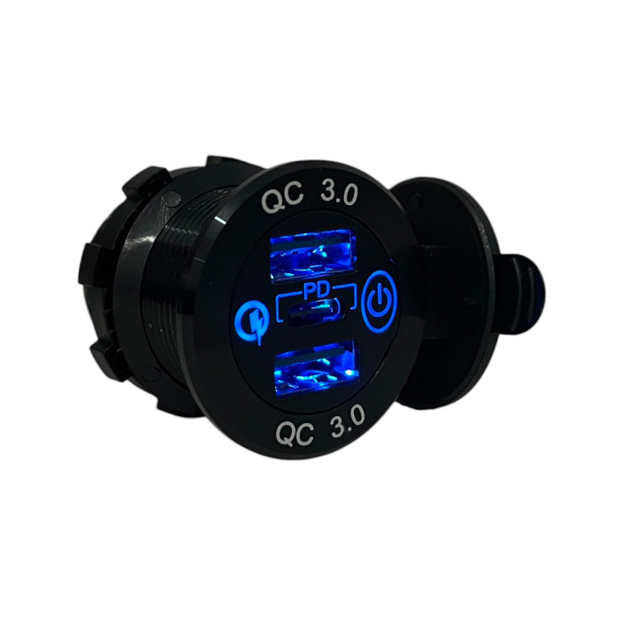 Врезная USB розетка авто 3 порта QC 3.0 + PD Type-C с Кнопкой 12V-24V Синяя подсветка + Клеммы