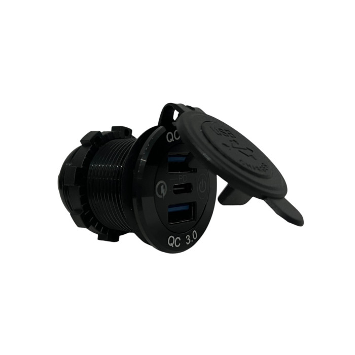 Врезная USB розетка авто 3 порта QC 3.0 + PD Type-C с Кнопкой 12V-24V Синяя подсветка + Клеммы