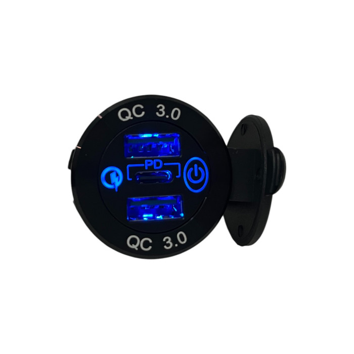 Врезная USB розетка авто 3 порта QC 3.0 + PD Type-C с Кнопкой 12V-24V Синяя подсветка + Клеммы