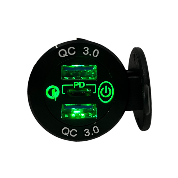Врезная USB розетка авто 3 порта QC 3.0 + PD Type-C с Кнопкой 12V-24V Зеленая подсветка + Клеммы