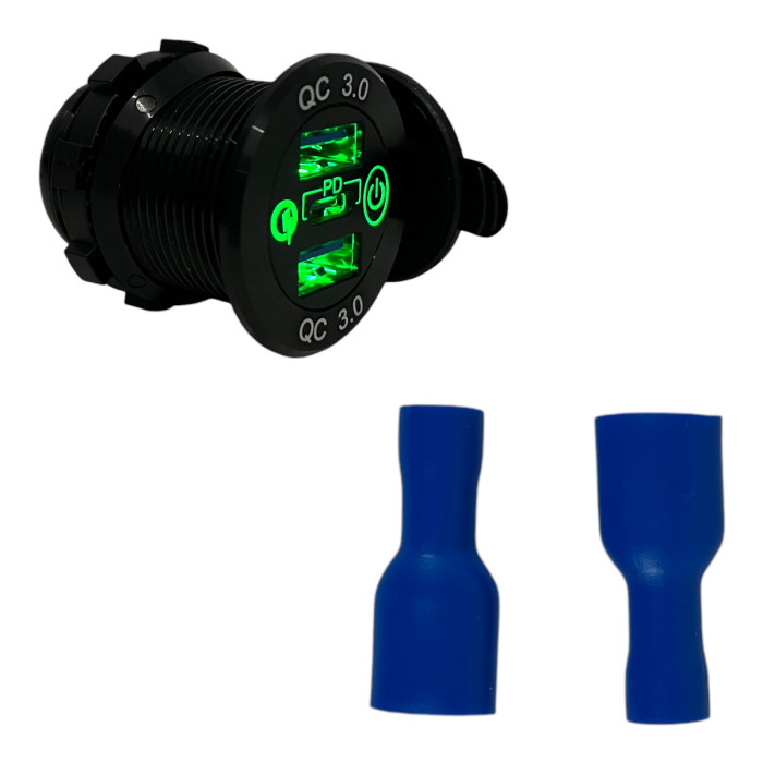 Врезная USB розетка авто 3 порта QC 3.0 + PD Type-C с Кнопкой 12V-24V Зеленая подсветка + Клеммы