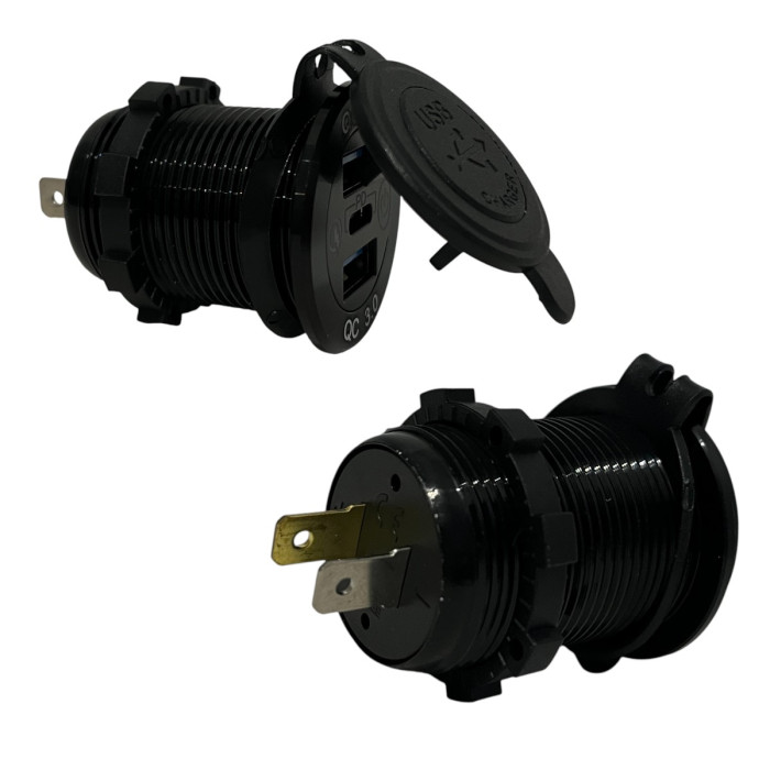 Врезная USB розетка авто 3 порта QC 3.0 + PD Type-C с Кнопкой 12V-24V Зеленая подсветка + Клеммы