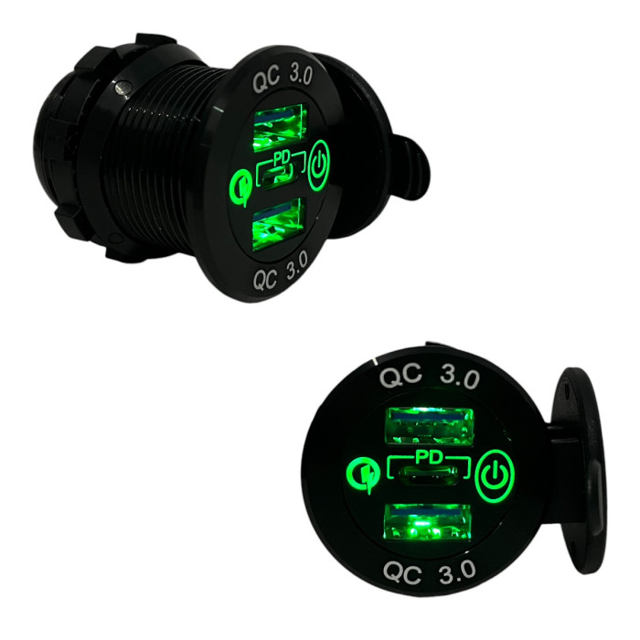 Врезная USB розетка авто 3 порта QC 3.0 + PD Type-C с Кнопкой 12V-24V Зеленая подсветка + Клеммы