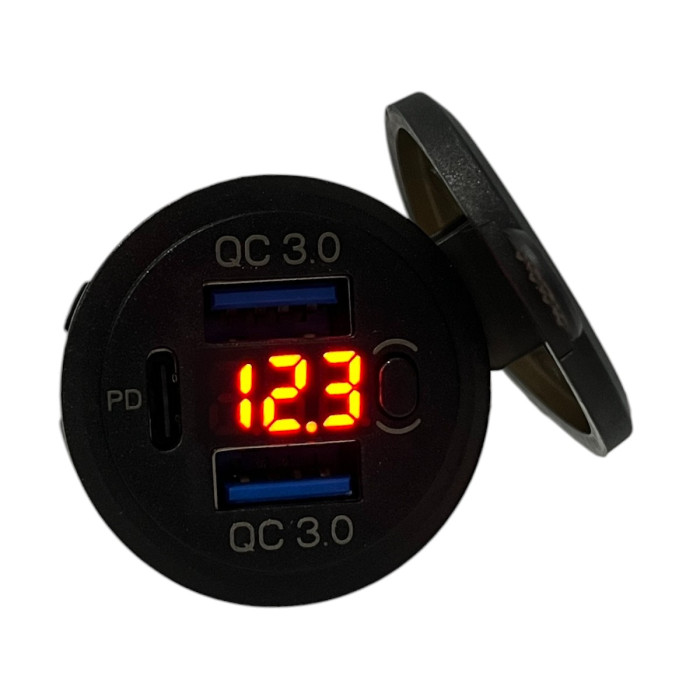 Врезная USB розетка авто 3 порта QC 3.0 + PD Type-C с Вольтметром и Кнопкой Красная + Клеммы