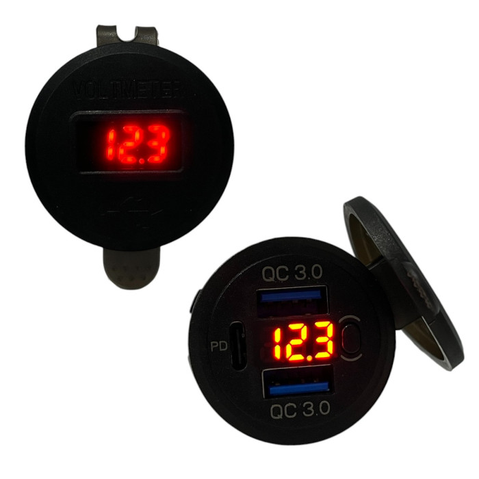 Врезная USB розетка авто 3 порта QC 3.0 + PD Type-C с Вольтметром и Кнопкой Красная + Клеммы