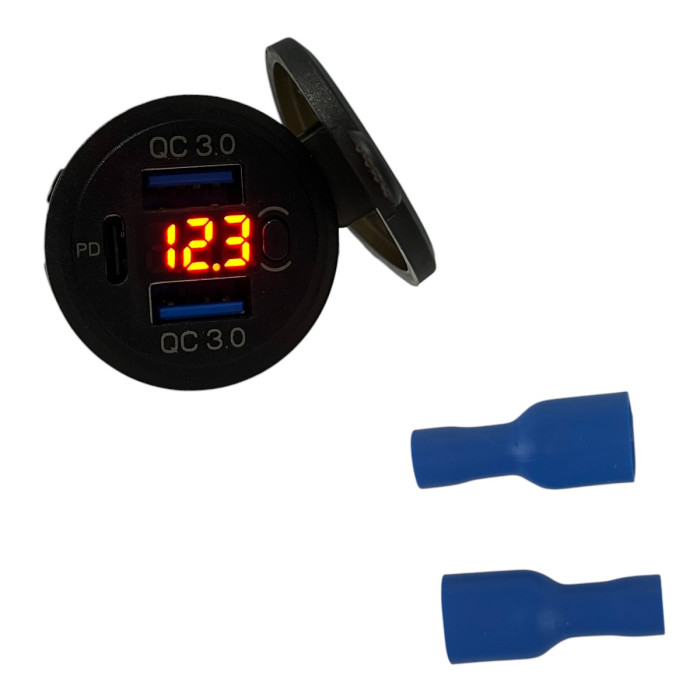 Врезная USB розетка авто 3 порта QC 3.0 + PD Type-C с Вольтметром и Кнопкой Красная + Клеммы