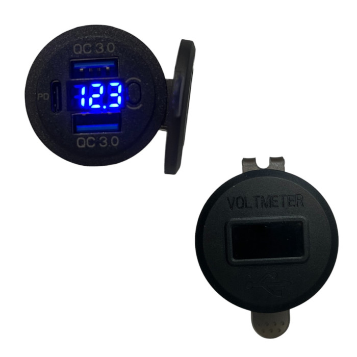 Врезная USB розетка авто 3 порта QC 3.0 + PD Type-C с Вольтметром и Кнопкой Синяя + Клеммы