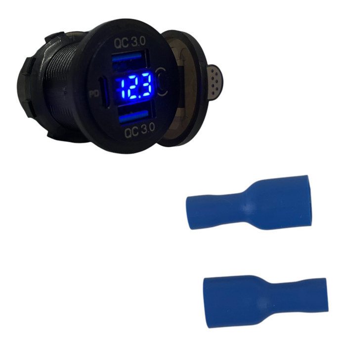 Врезная USB розетка авто 3 порта QC 3.0 + PD Type-C с Вольтметром и Кнопкой Синяя + Клеммы