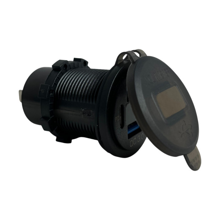 Врезная USB розетка авто 3 порта QC 3.0 + PD Type-C с Вольтметром и Кнопкой Синяя + Клеммы