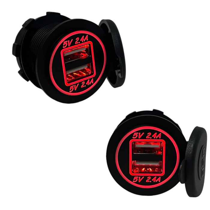 Врезная USB розетка в авто DS2118 12V-24V 2 порта 4.8A (2.4A+2.4A) Красная подсветка