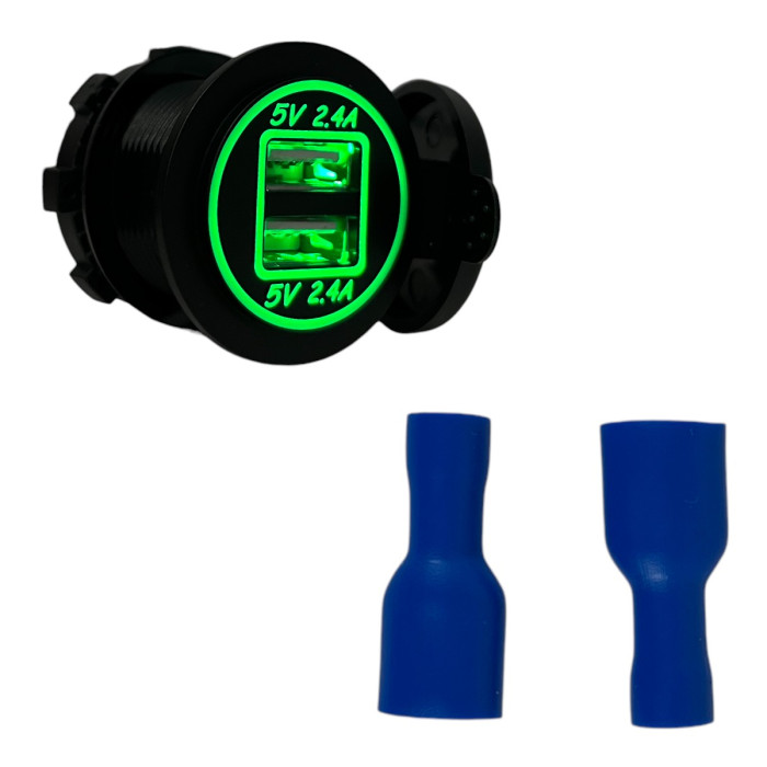 Врезная USB розетка в авто DS2118 12V-24V 2 порта 4.8A (2.4A+2.4A) Зеленая подсветка + Клеммы