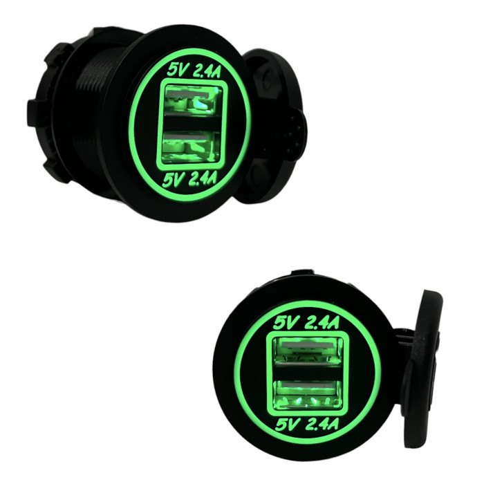 Врезная USB розетка в авто DS2118 12V-24V 2 порта 4.8A (2.4A+2.4A) Зеленая подсветка + Клеммы