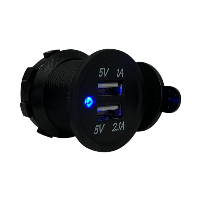 Врезная USB розетка зарядка в авто 12V-24V 2 порта 3.1A (2.1A+1A) Синяя подсветка + Заглушка