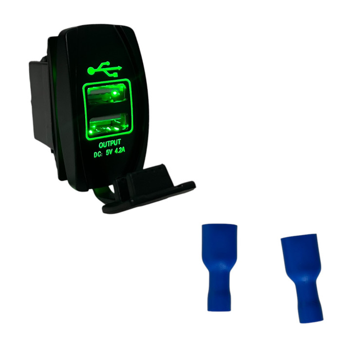 Врезная USB зарядка Light X DS2302 для Toyota, Volkswagen, BMW (4.2A, 2×2.1A, прямоугольная, зеленая)