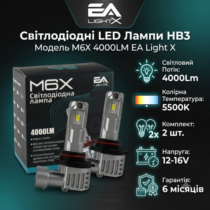 Светодиодные LED лампы HB3 M6X EA LightX со световым потоком 4000Lm, цветовой температурой 5500K и напряжением 12-16V