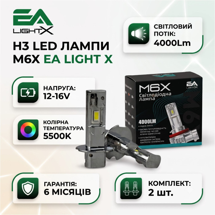 Светодиодные LED лампы H3 M6X EA LightX со световым потоком 4000Lm, цветовой температурой 5500K и напряжением 12-16V